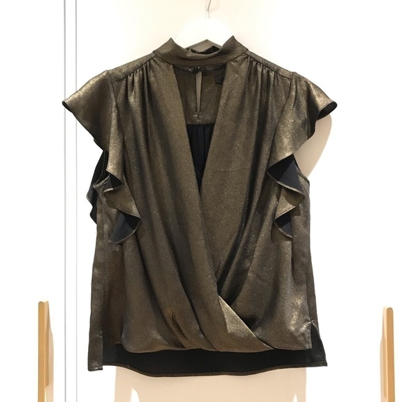 𝅺BCBG Metallic Faux Wrap top 💥 - Picture 1 of 8